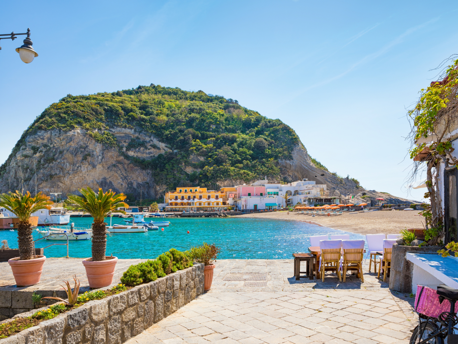 Ischia Island, one of the best places to visit in Italy, pictured from outside a cafe