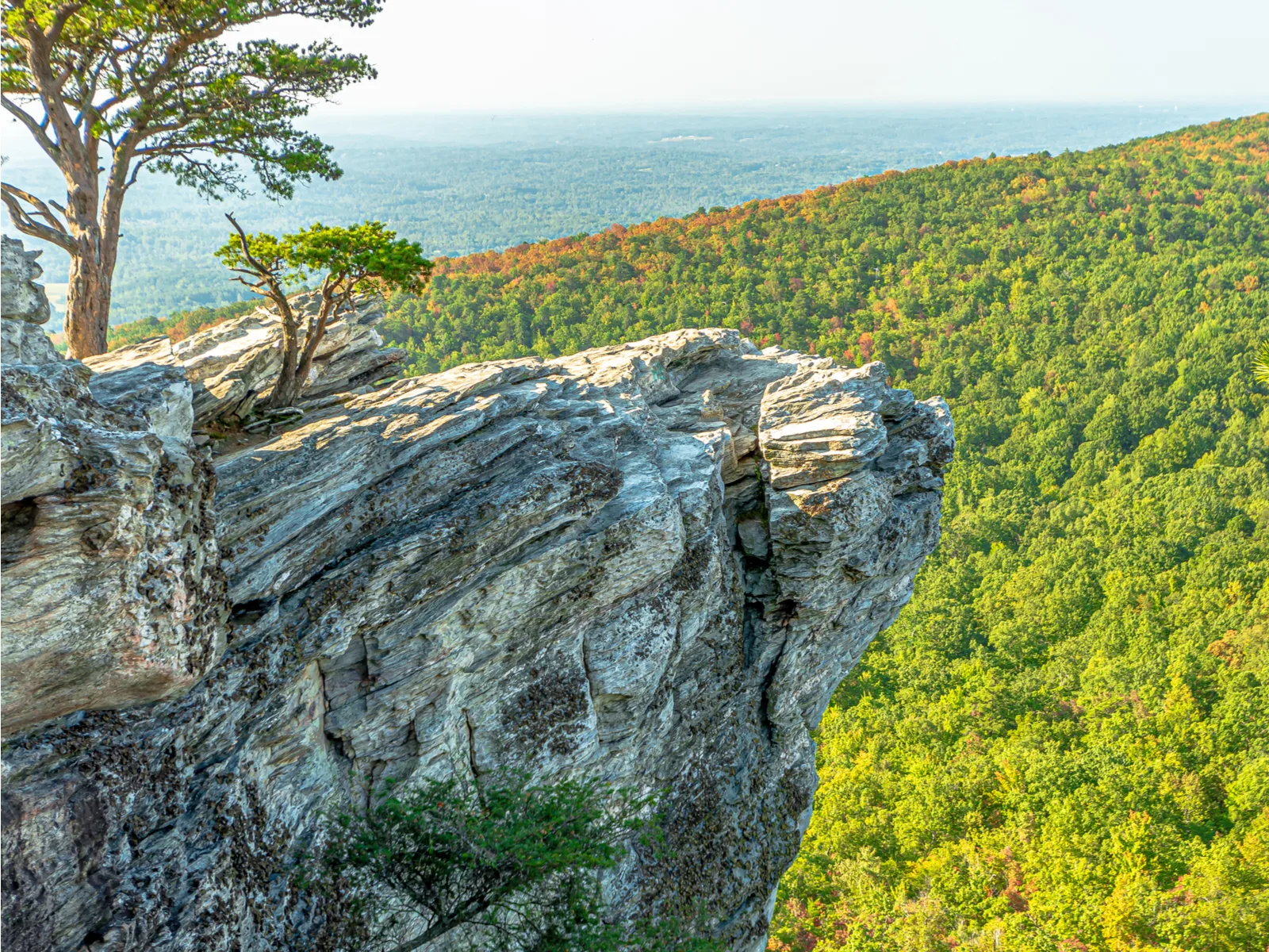 Peak view of Hanging Rock State Park, one of the best places to visit in North Carolina, in the Summer with a light green forest below