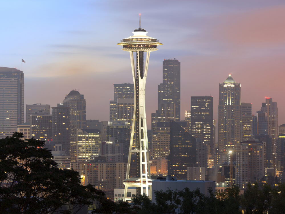 One of the best American Landmarks, The Space Needle, seen on a foggy evening in Seattle