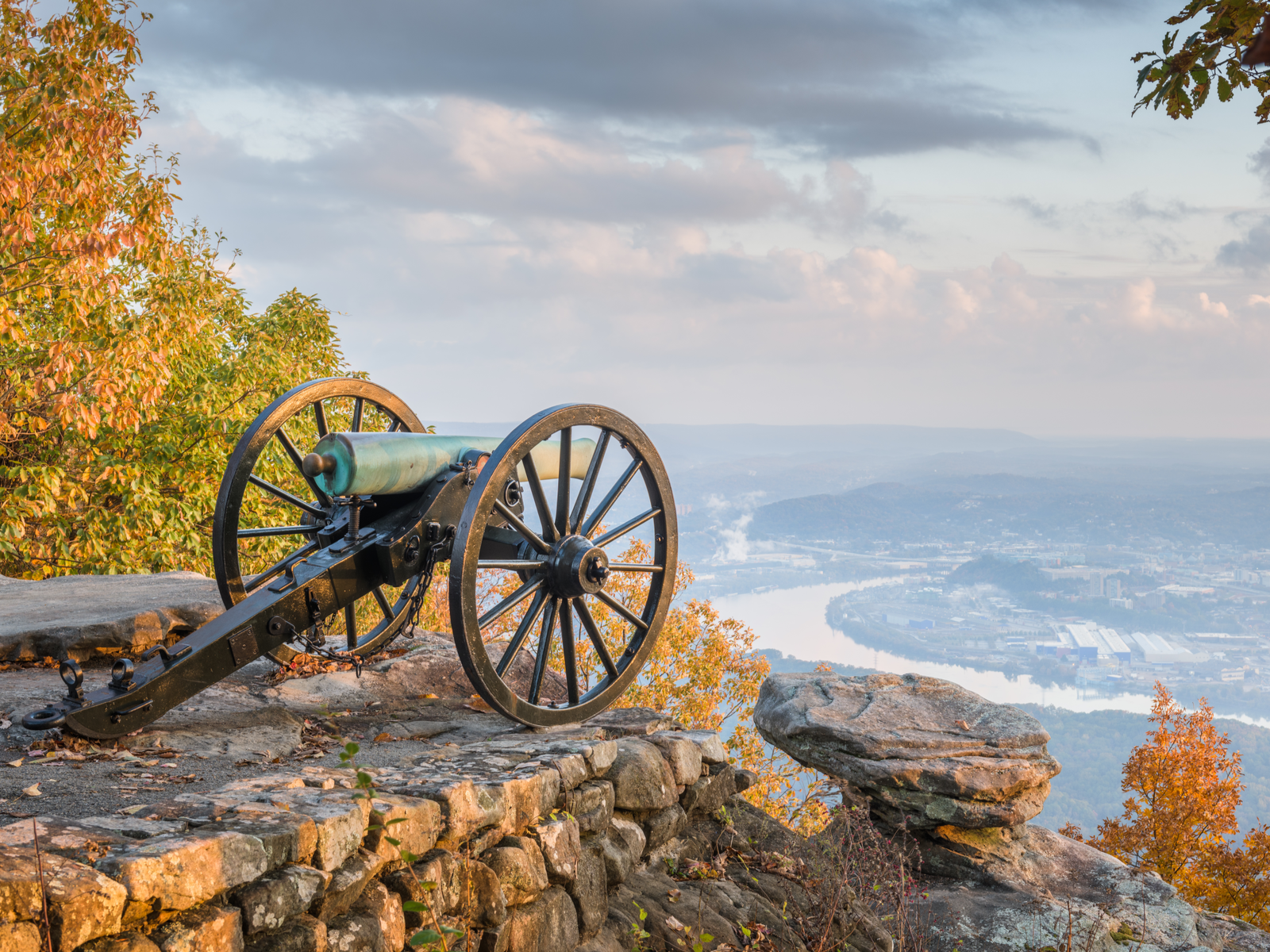The famed Point Park Civil War Cannon Monument placed on Lookout Mountain's overlooking view of Chattanooga Downtown, one of the best places to visit in Tennessee