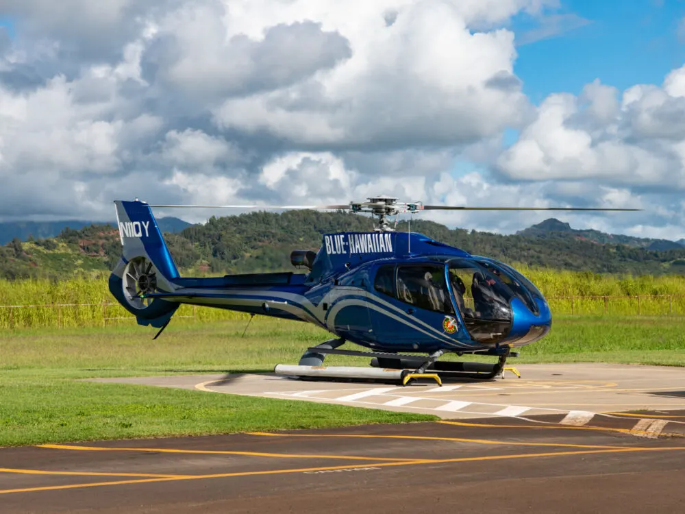 Blue Hawaiian helicopter on the pad in Maui, one of the island's best things to do