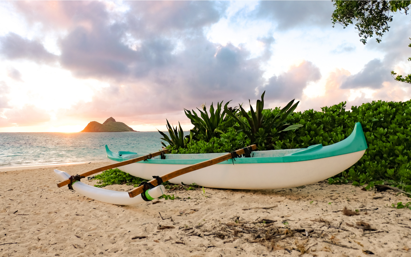 Canoe resting on a beach in Oahu for a piece titled Where to Stay in Oahu