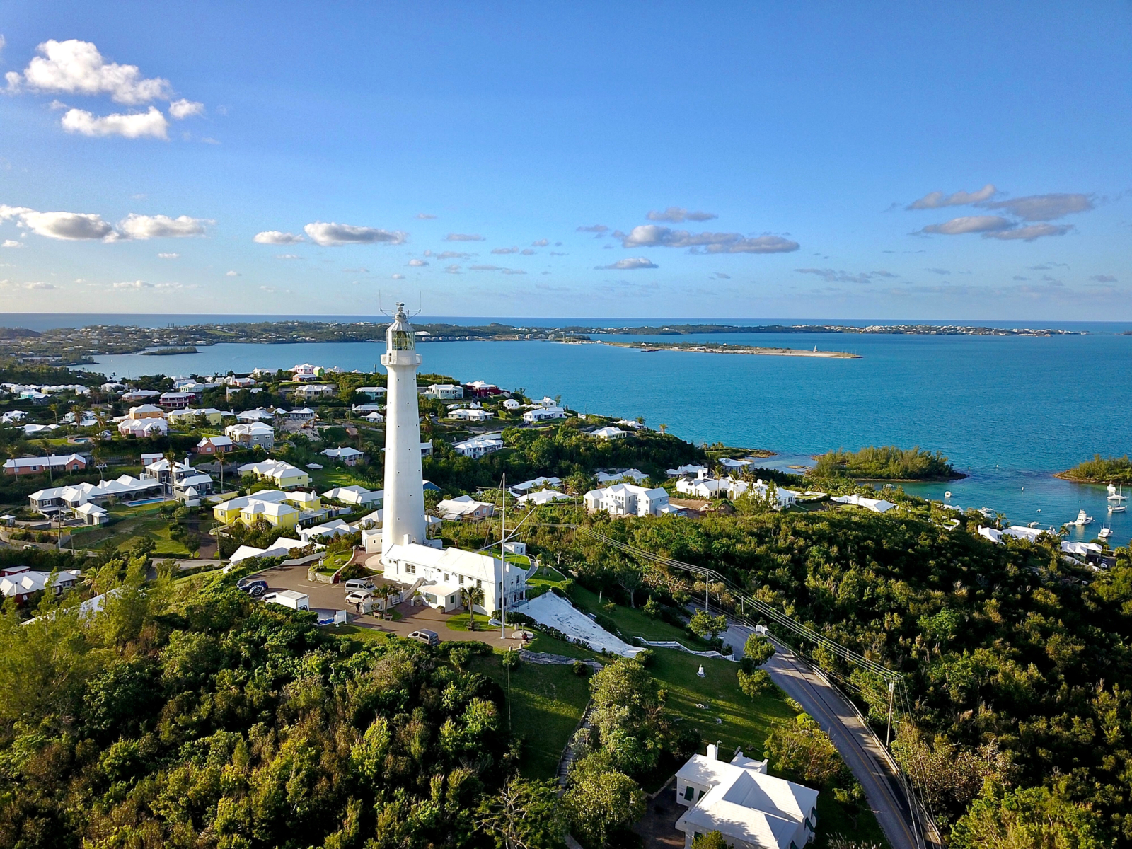 Aerial view of a lighthouse pictured during the best time to visit Bermuda