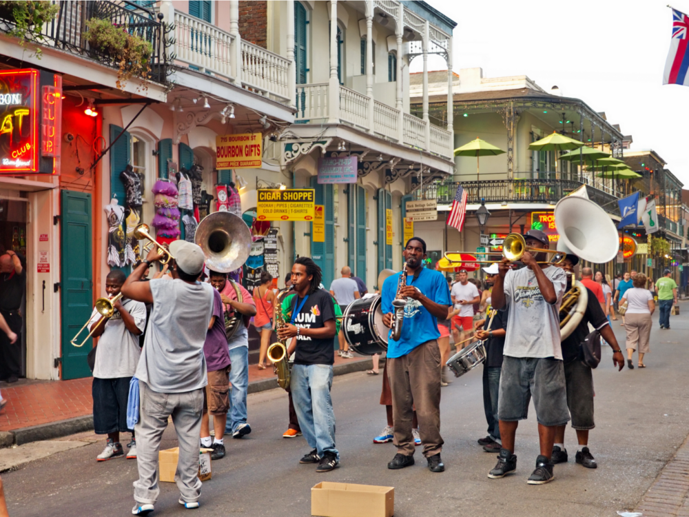 Live band on Bourbon street for a piece on the best hotels in New Orleans
