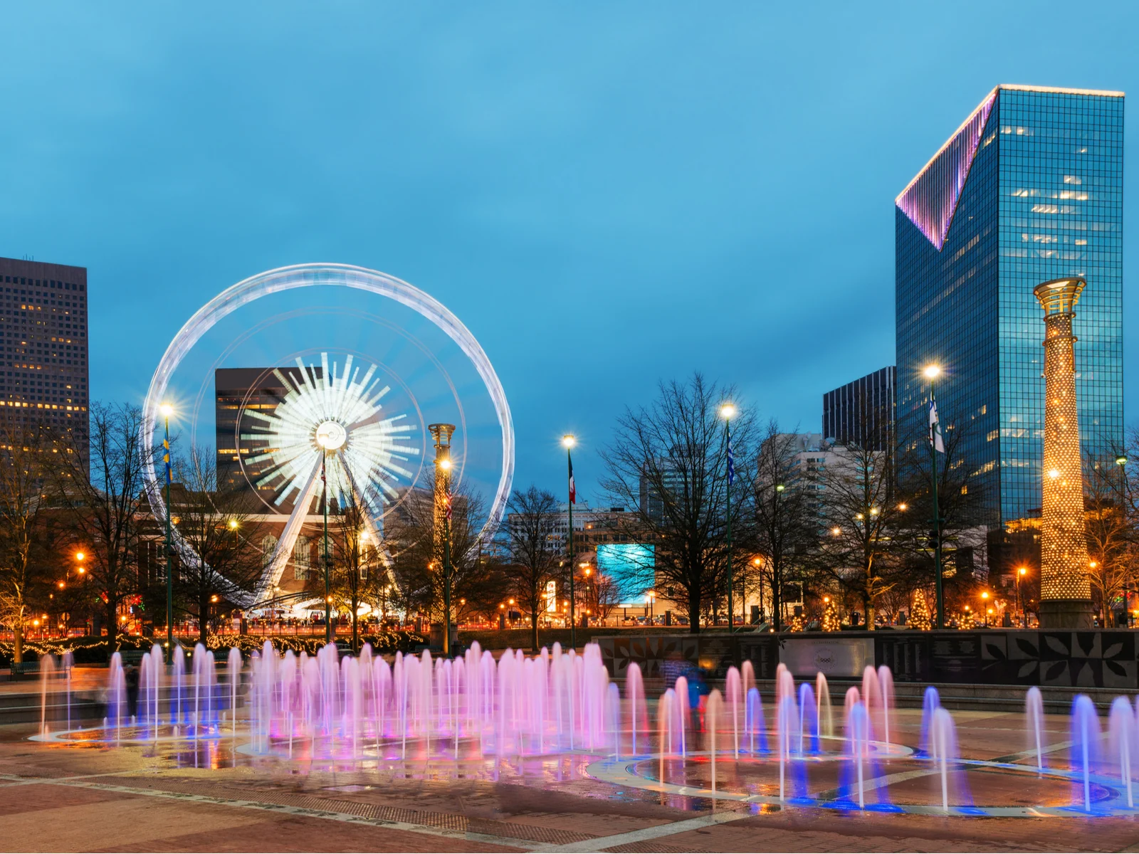 Centennial Olympic Park, one of the best things to do in Atlanta, pictured at night