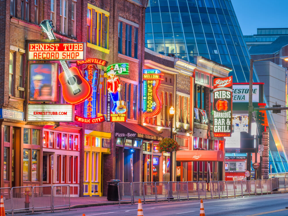 View of Broadway street at night, one of our top picks for the best things to do in Nashville