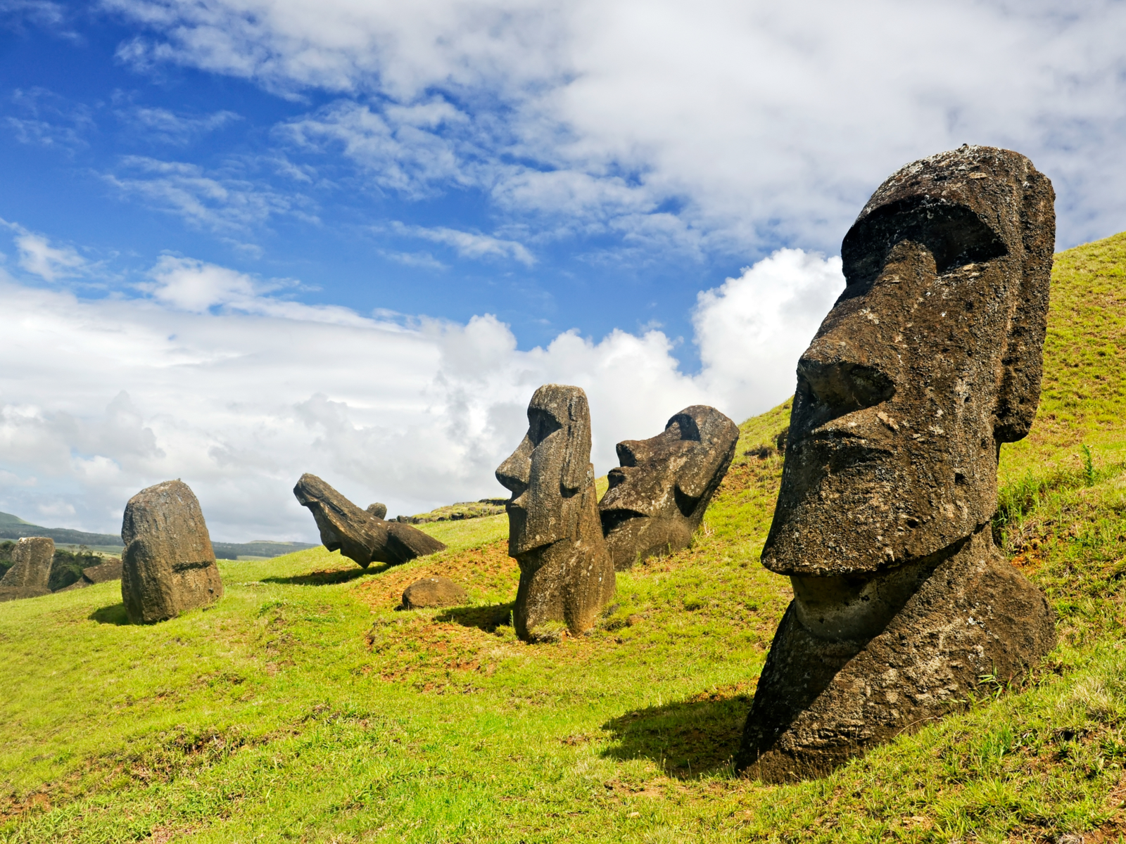 Moais in Rapa Nui National Park with heads on Easter Island for a piece on the best time to go to Chile
