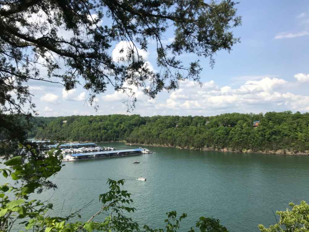 Several ships docked in a pier at Lake Cumberland in Kentucky, one of the best lakes in the U.S., surrounded by lush greeneries