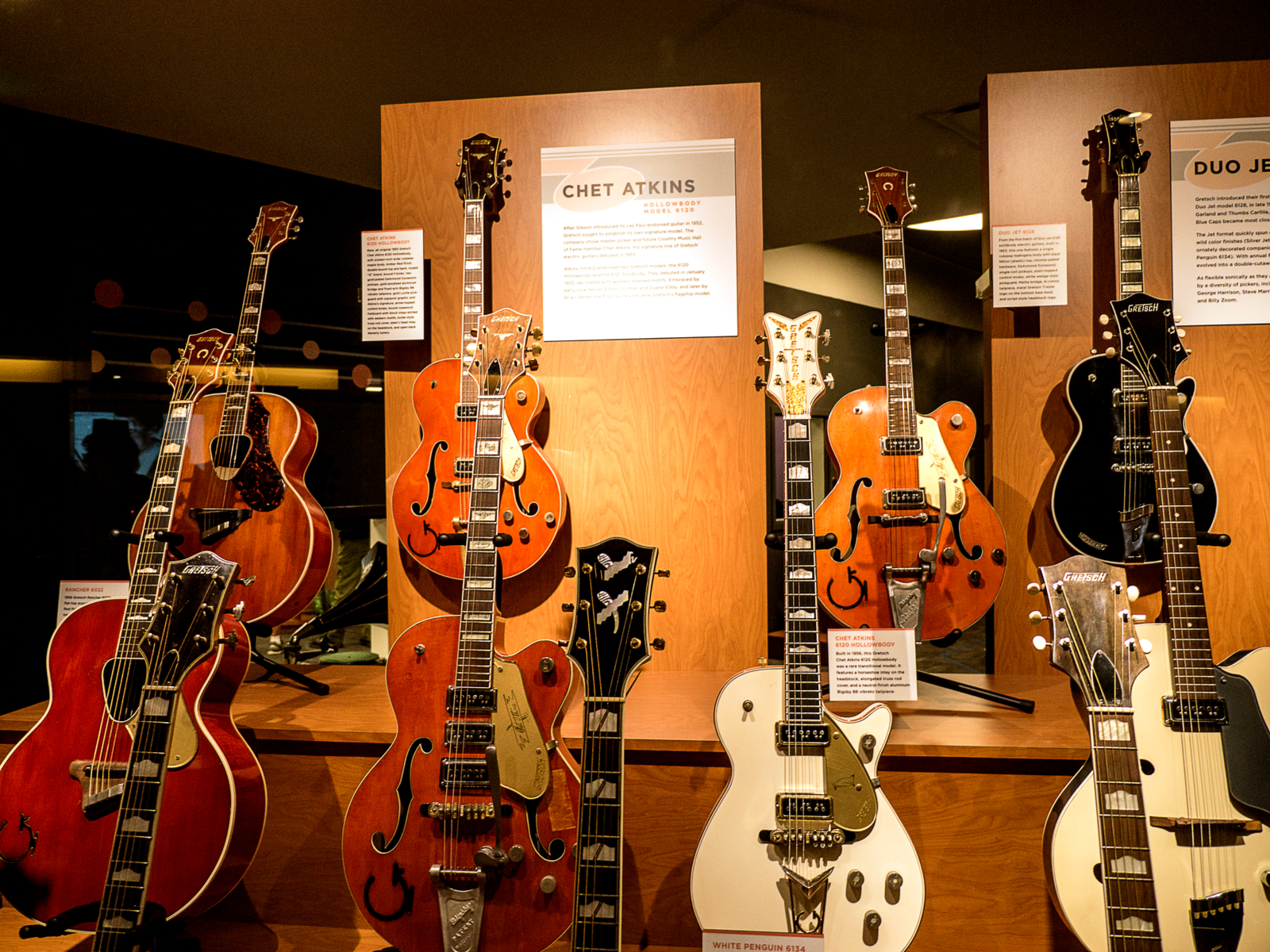 Guitars, used by the renowned American Musician Chet Atkins also know as Mr. Guitar and The Country Gentleman, displayed in The Country Music Hall of Fame which is one of the best things to do in Tennessee