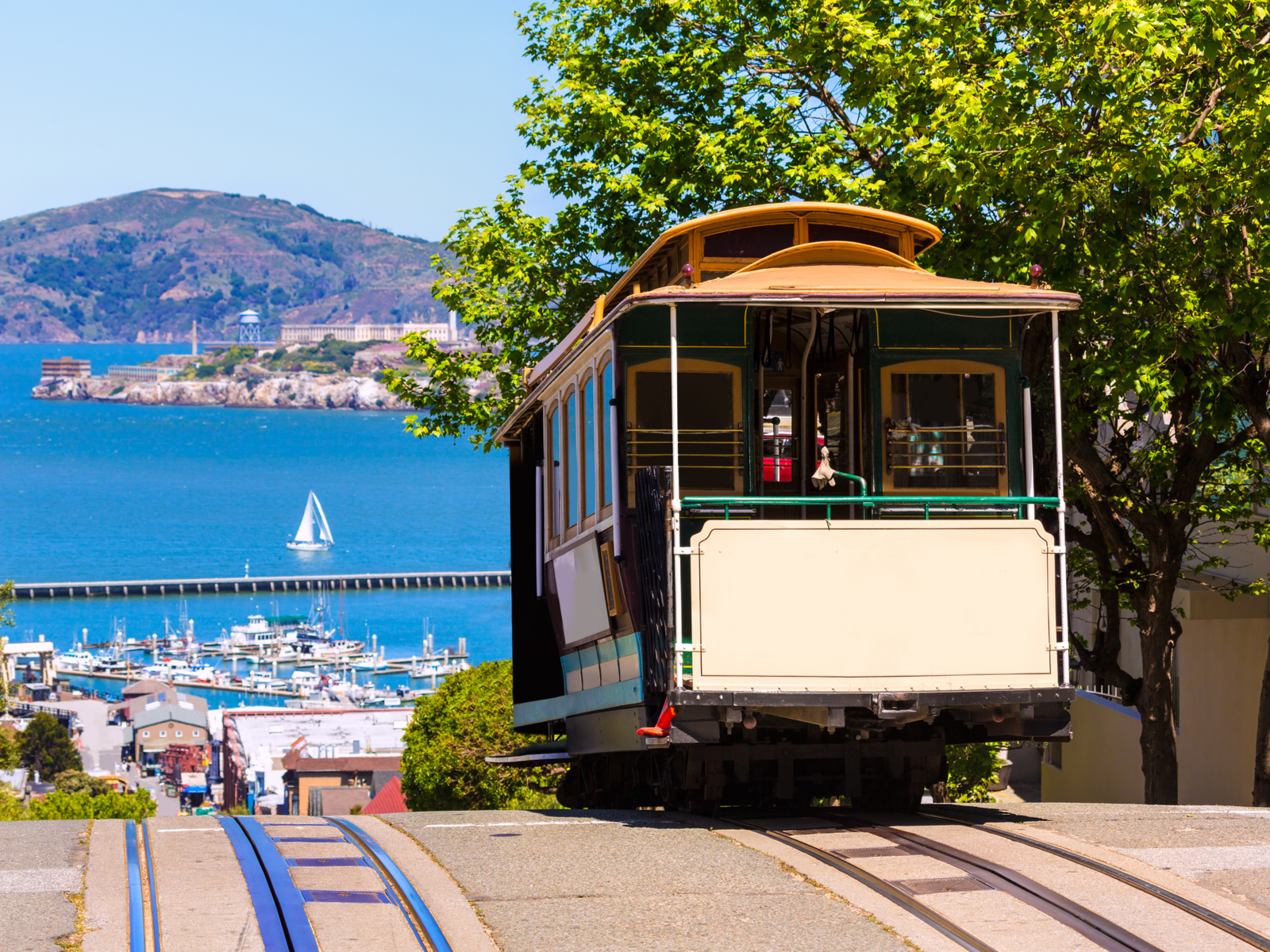 Hyde Street cable car overlooking the Bay, one of the best places to visit in San Francisco