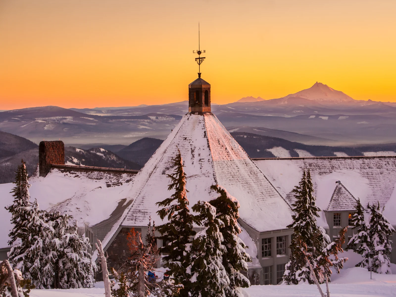 Dusk view of Timberline Lodge on Mount Hood, one of our favorite places to visit in Oregon