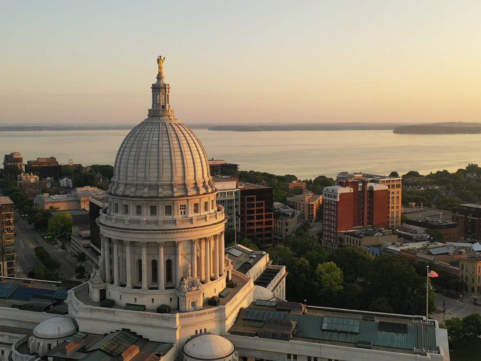 Aerial view on the historic Wisconsin State Capitol and Madison City on a sunset, one of the best Wisconsin tourist attractions