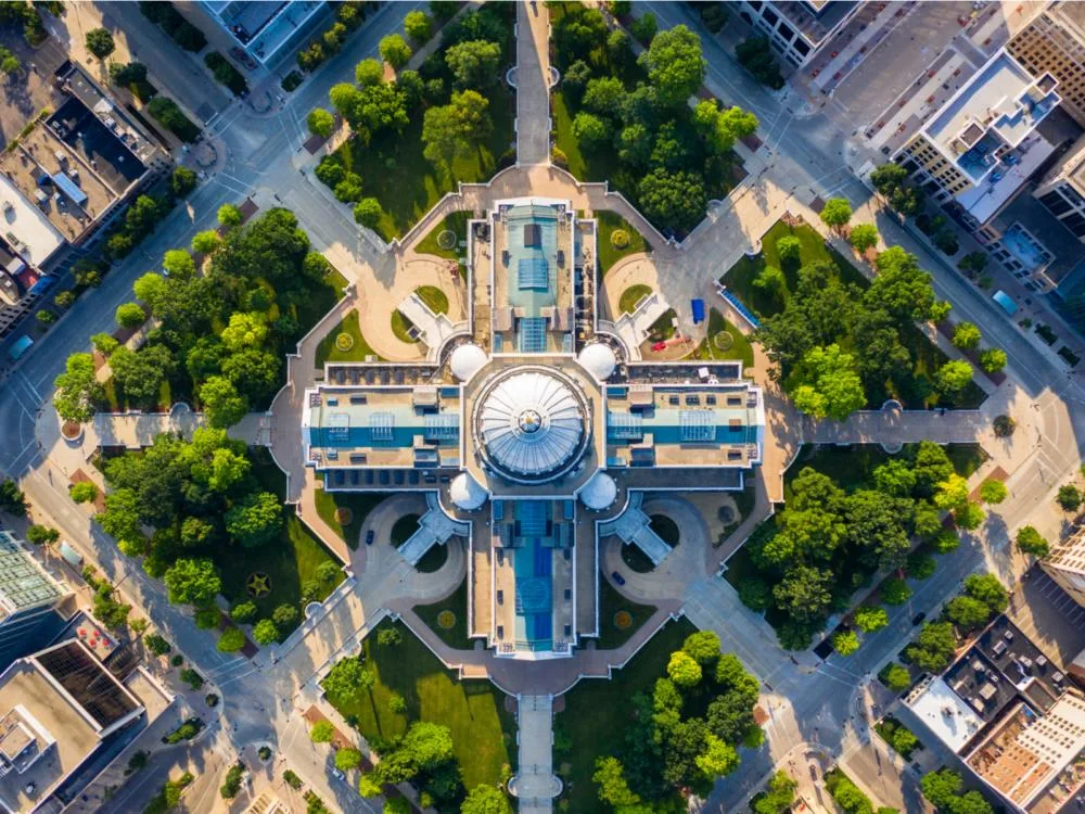 Overhead view on the Capitol Square with green landscape on each corner, one of the best Wisconsin tourist attractions