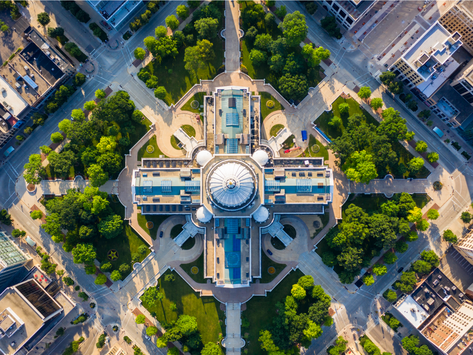 Overhead view on the Capitol Square with green landscape on each corner, one of the best Wisconsin tourist attractions