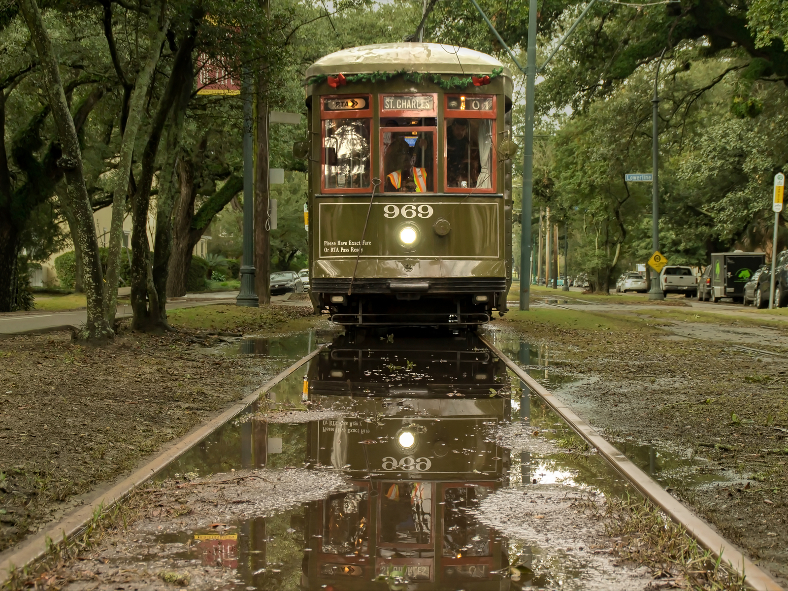 Streetcar pictured on a rainy day during the worst time to visit New Orleans