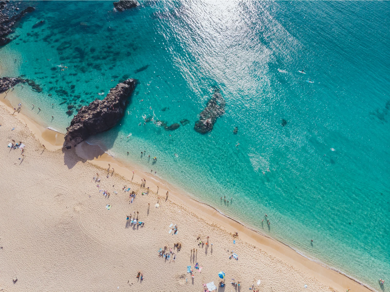 Overhead view on tourists at Waimea Bay, one of the best snorkeling spots in Hawaii. where some are on the sand, others snorkeling, and paddle boarding the turquoise waters