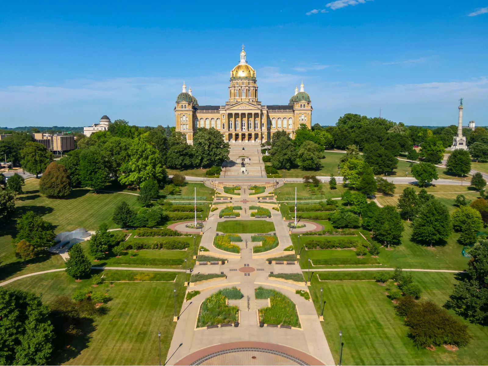 Aerial view of the beautiful landscape in front of Iowa State Capitol, our pick for what to see in Iowa