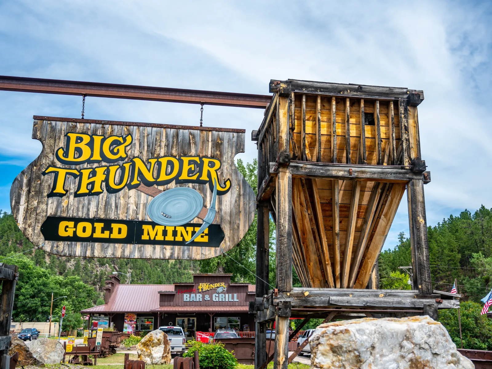 Large entrance sign at Big Thunder Gold Mine, one of the best South Dakota tourist attractions