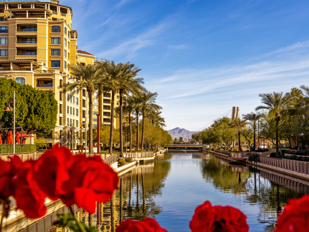 A bunch of condos and offices on the canal in one of the best places to visit in Arizona, Scottsdale
