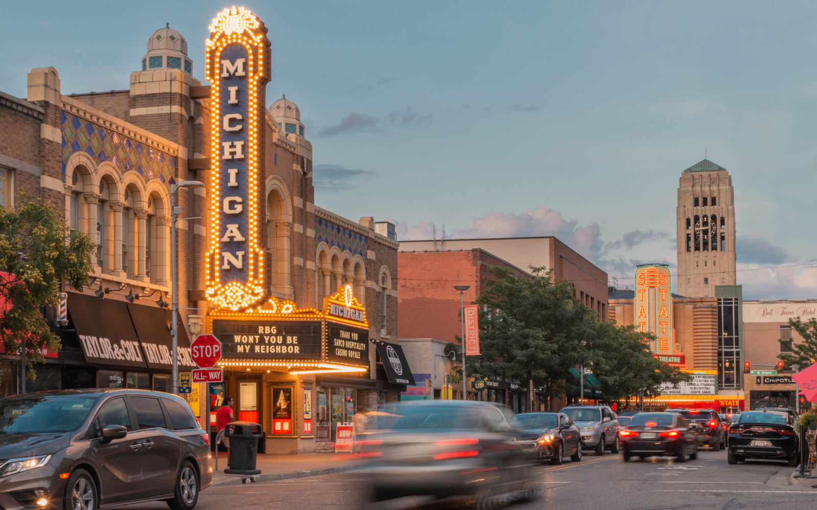 View of Ann Arbor's main strip during the evening, one of the best places to visit in Michigan