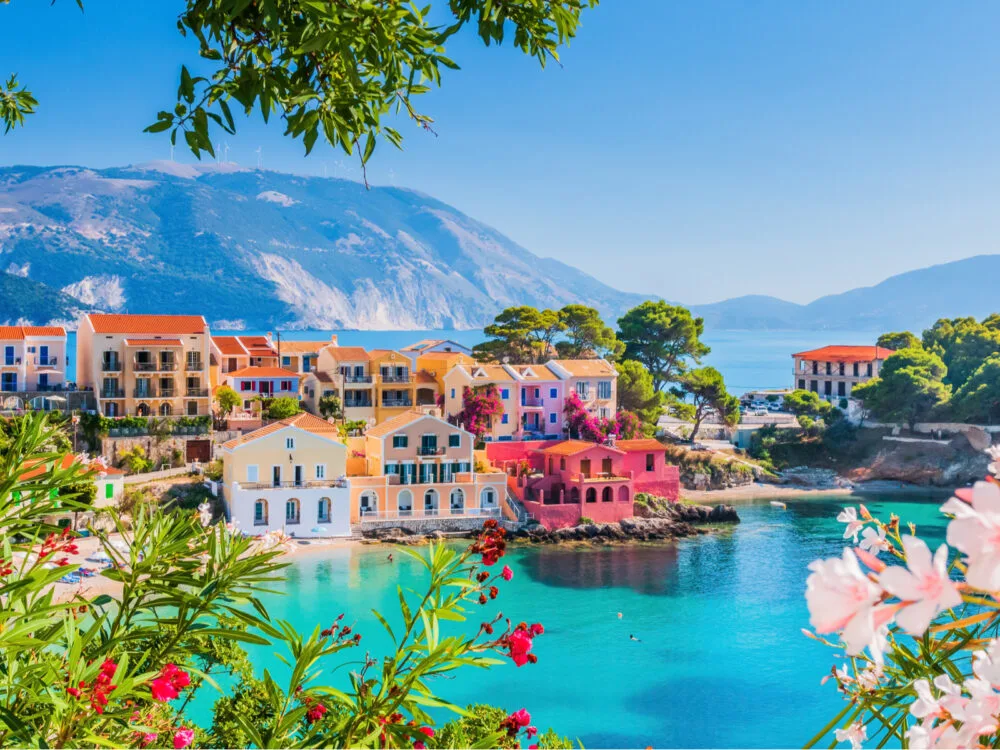 Colorful homes in one of the best places to visit in Greece, Kefalonia