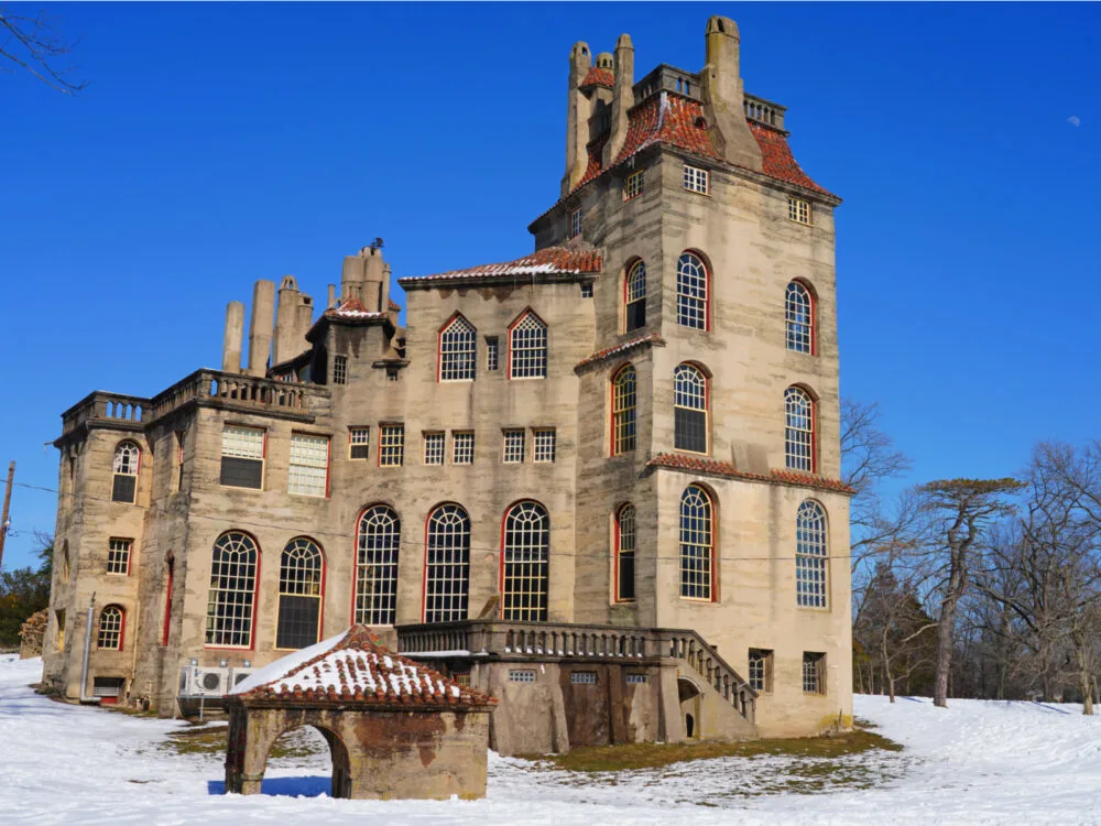 A picture on one of the best things to do in Pennsylvania during winter, old-looking Font Hill Castle which was once an abode of the renowned Henry Chapman Mercer