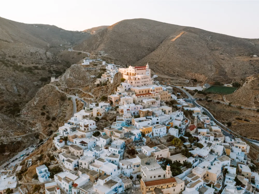 The populated town of Ano Syros and the historic Saint George Cathedral at Syros Island, one of the best islands in Greece to visit