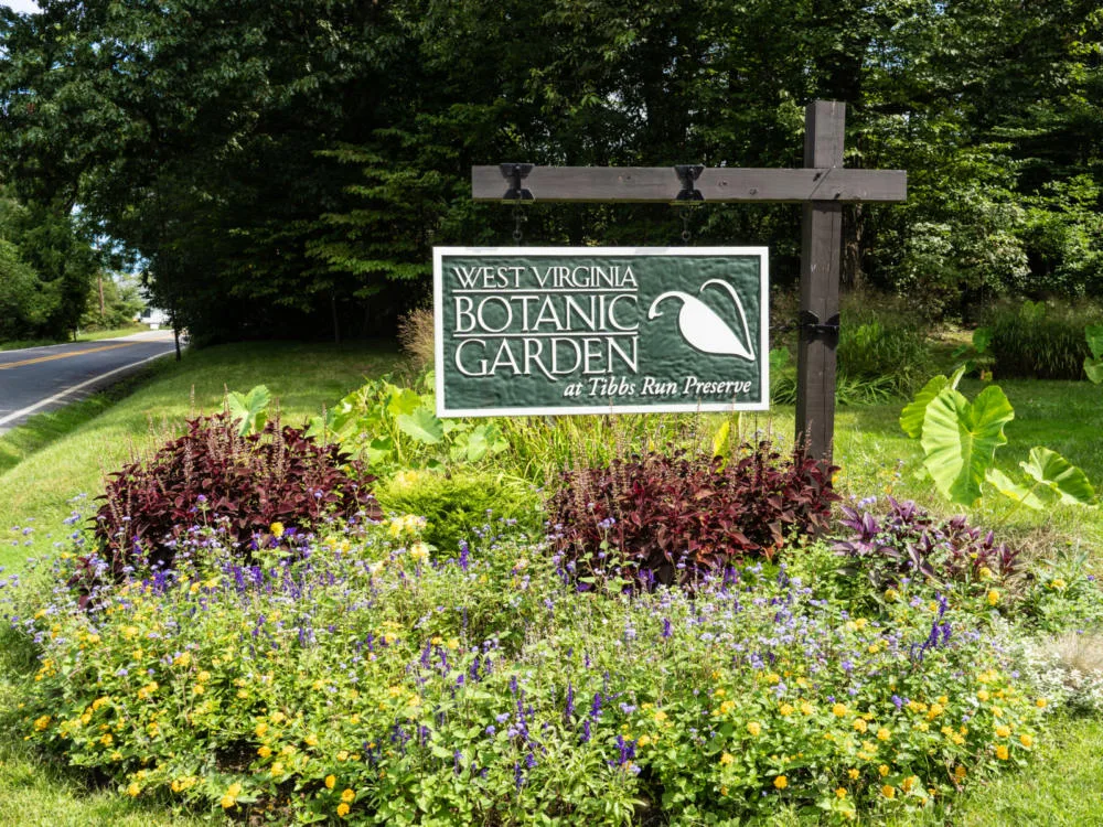 Various specie of flower bearing plants planted in one area below the signage of West Virginia Botanic Gardens, one of the best attractions in West Virginia