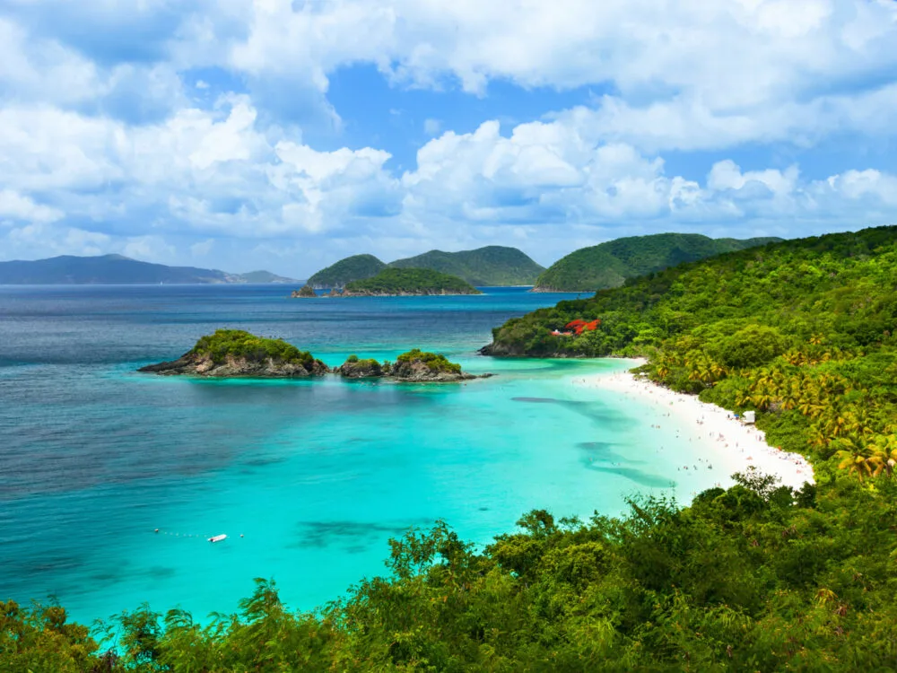 Aerial image of Trunk Bay in the US Virgin Islands, one of the best places to visit in the Caribbean