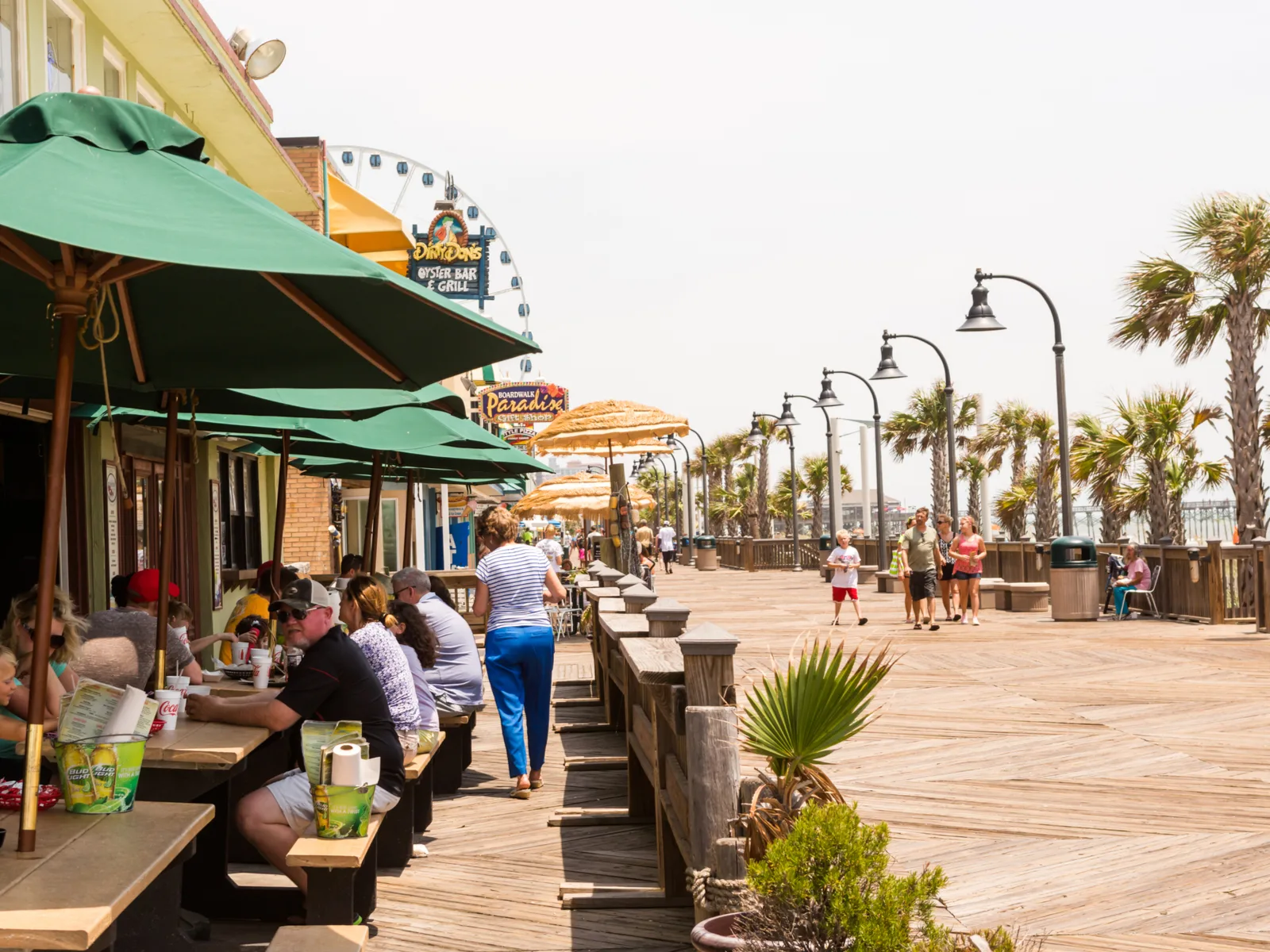 Myrtle beach boardwalk with restaurants and outdoor seating