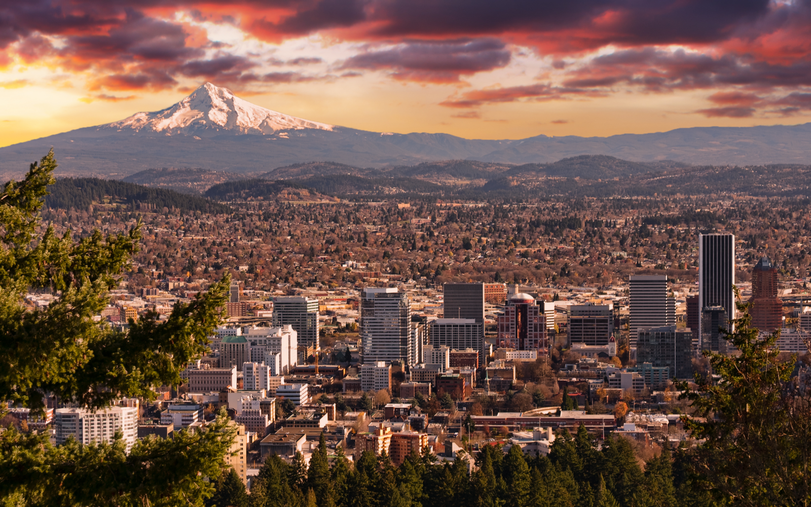 Sunrise View of Portland, Oregon with Mount Hood in the background for a piece on the best places to visit in Oregon