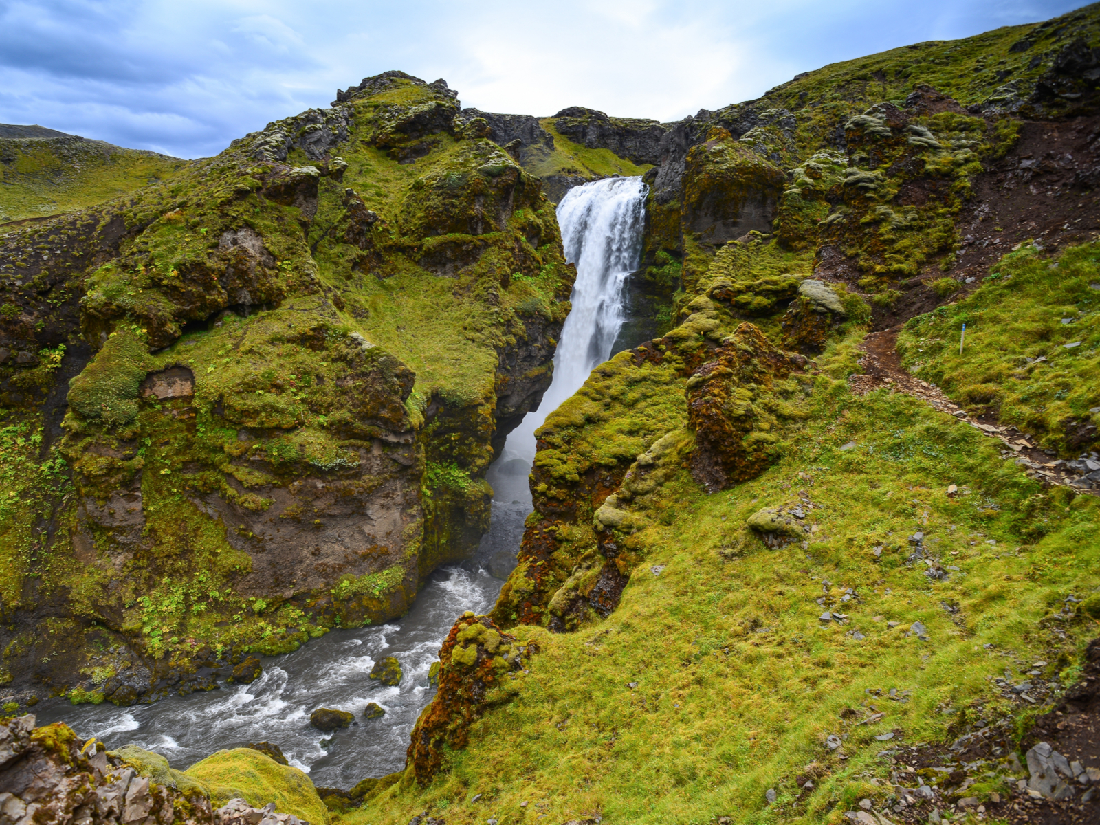 Waterfall on the Fimmvorduhals Pass, a top pick for the overall best hikes in Iceland