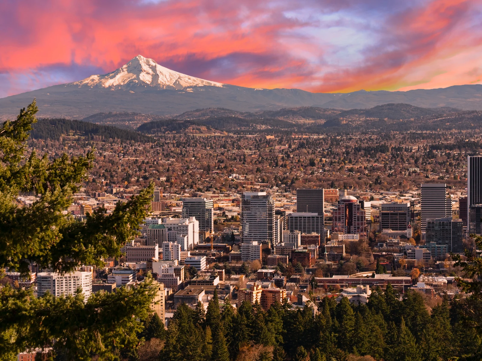 Portland Oregon, one of the best places to visit in Oregon, viewed at dusk from Pittock Mansion