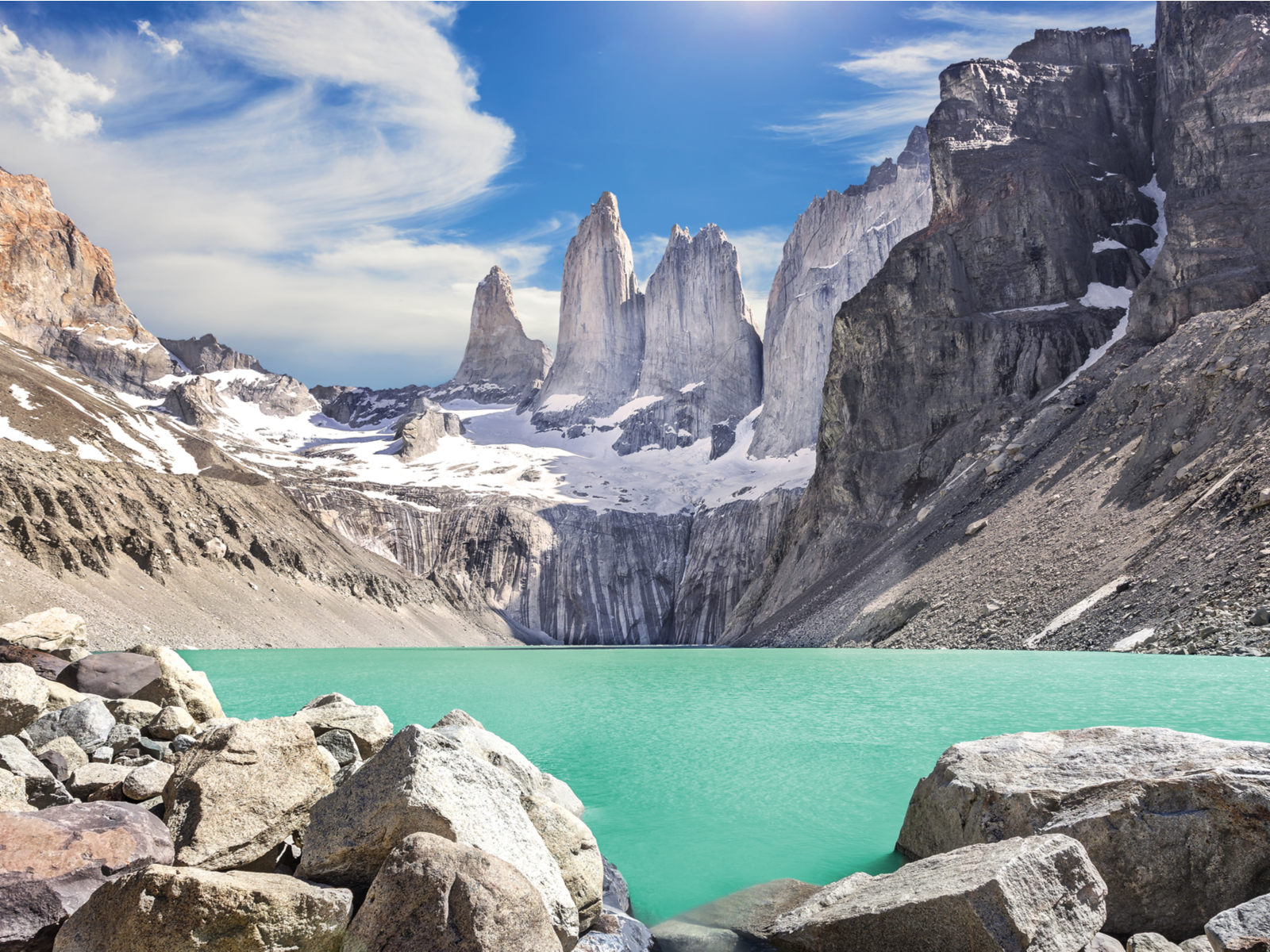 Torres Del Paine Mountain Range pictured during the Winter, the worst time to visit Chile, because of the cold and snow