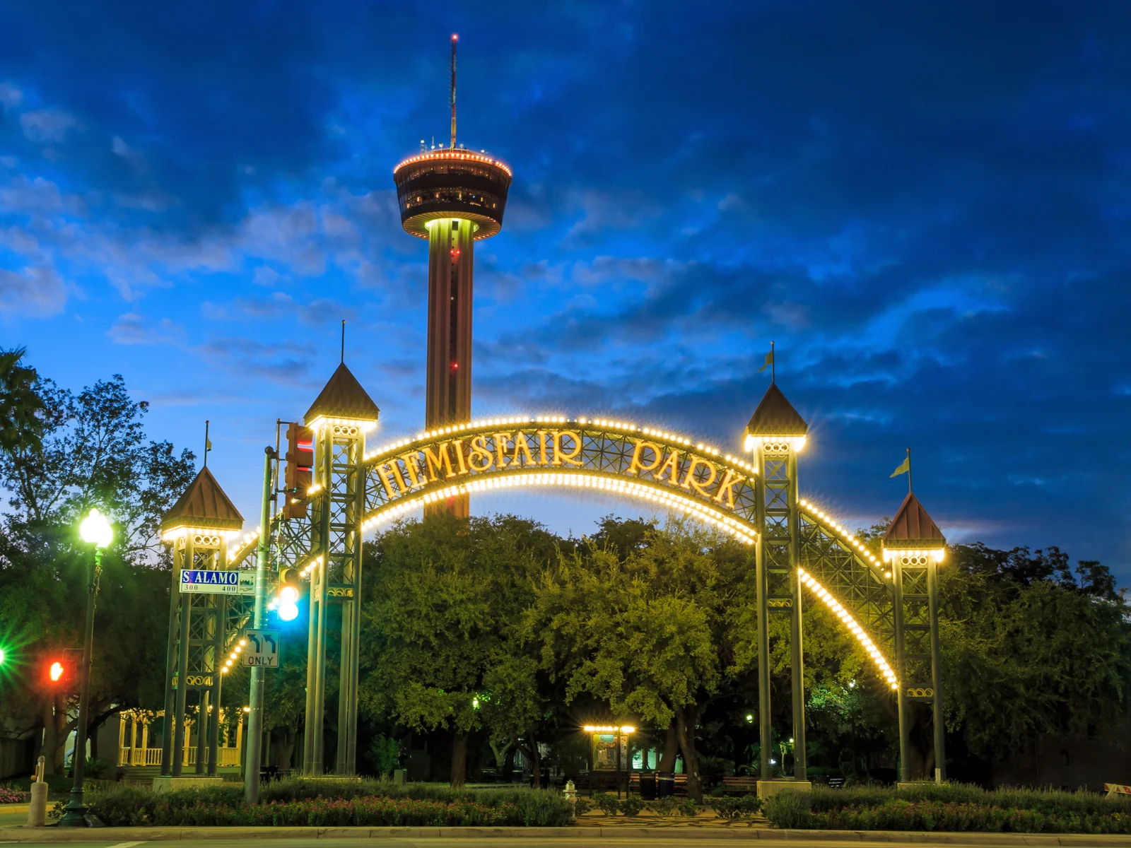 One of the best things to do in San Antonio, Hemisfair Park, pictured at dusk