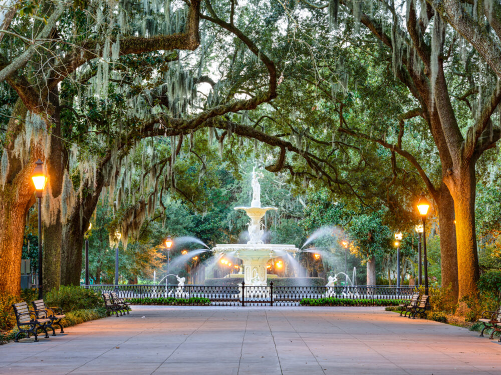 Forsyth Park in Savannah, one of the best Georgia attractions, pictured in the Fall