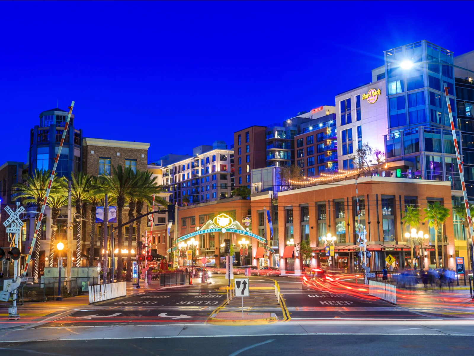 Gaslamp Quarter, one of the best places to stay in San Diego, pictured at night