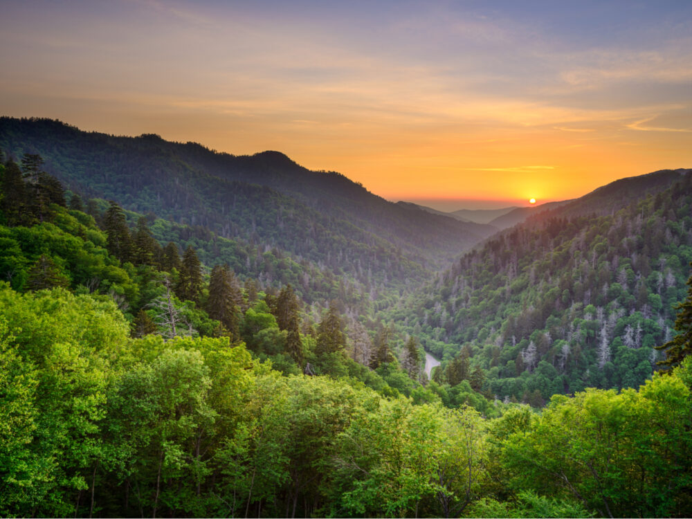 Sunset over Newfound Gap in the Great Smoky Mountain National Park, one of the best places to visit in North Carolina