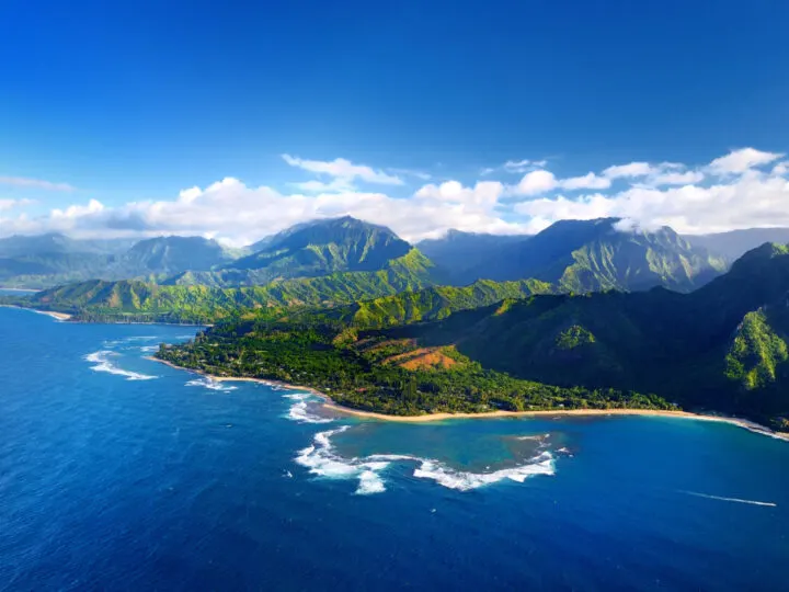 Aerial view of the Na Pali coast for a piece titled Where to Stay in Hawaii
