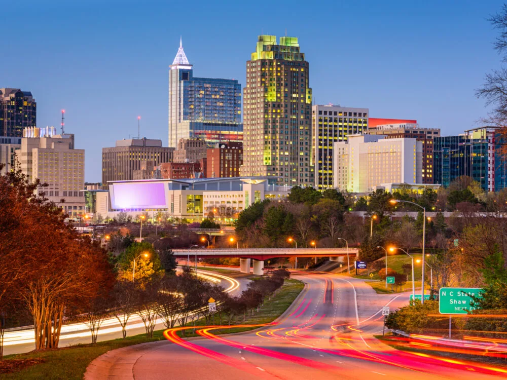 Downtown Raleigh skyline next to the interstate, one of the best things to do in North Carolina