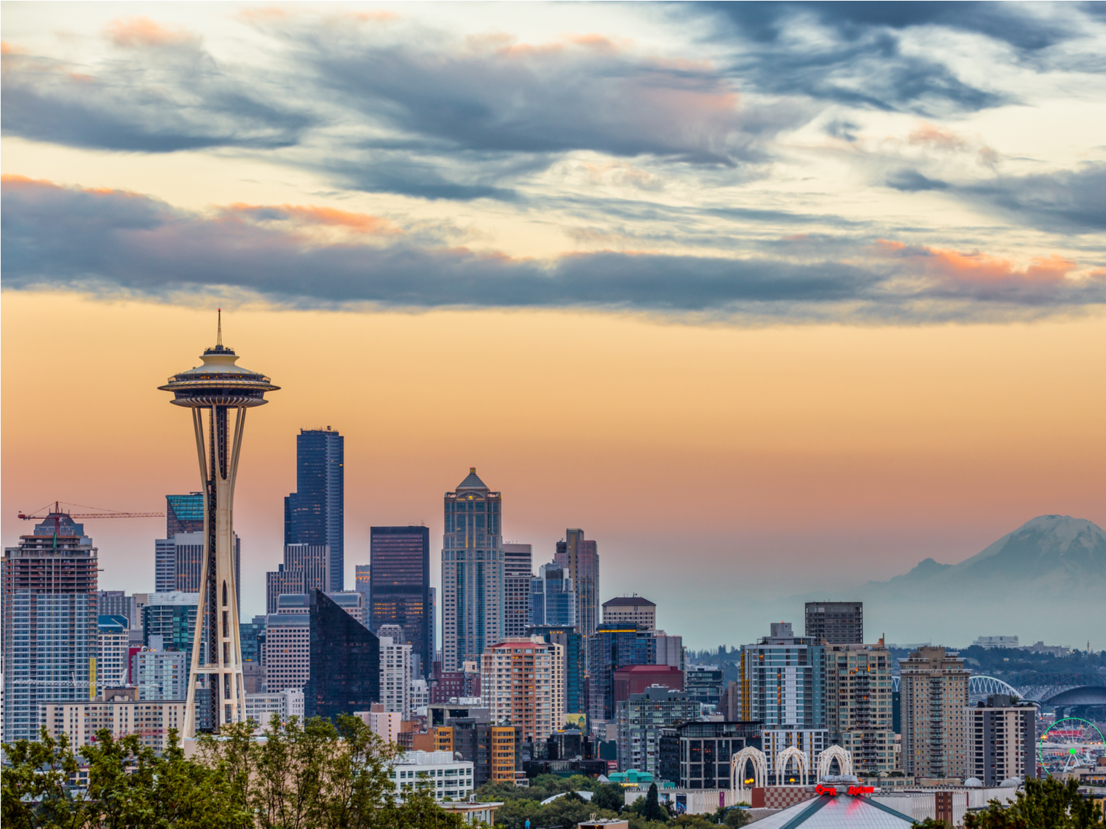 Seattle skyline with a photo of the Space Needle for a piece on the best places to visit in Washington State