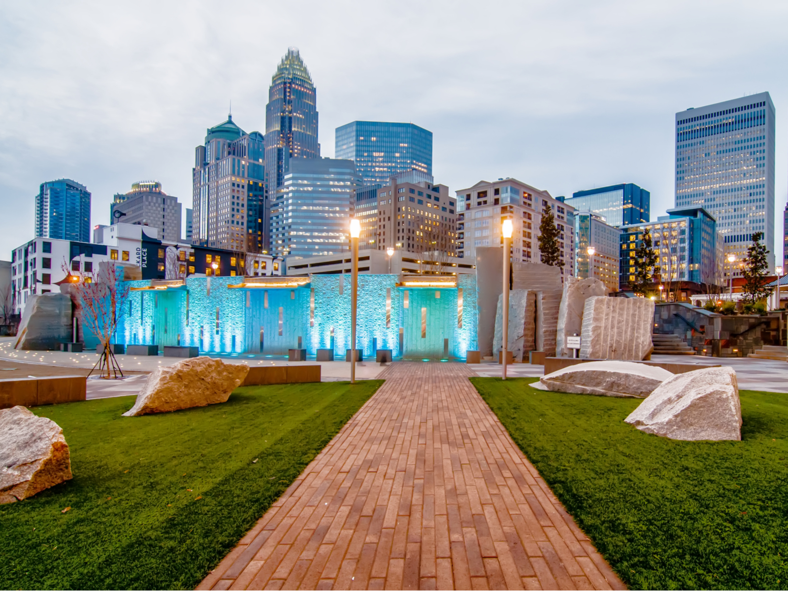 Park with a lighted fountain sculpture in Charlotte, one of the best places to visit in North Carolina