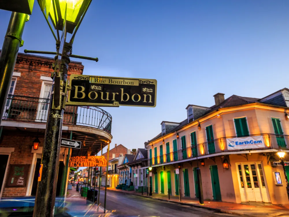 Night view of Bourbon street, where a lot of the best hotels in New Orleans are located