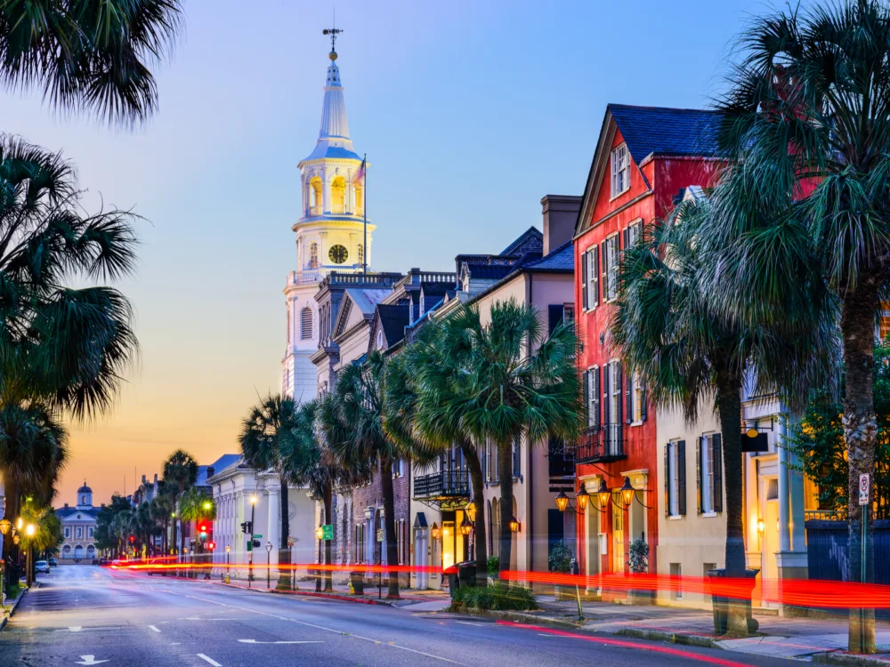 Historic French quarter at dusk in Charleston's Historic District, one of the best South Carolina attractions