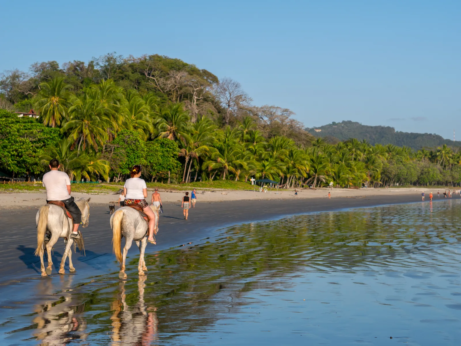 Tourists horseback riding on Samara beach, one of the best beaches in Costa Rica that also has black sand