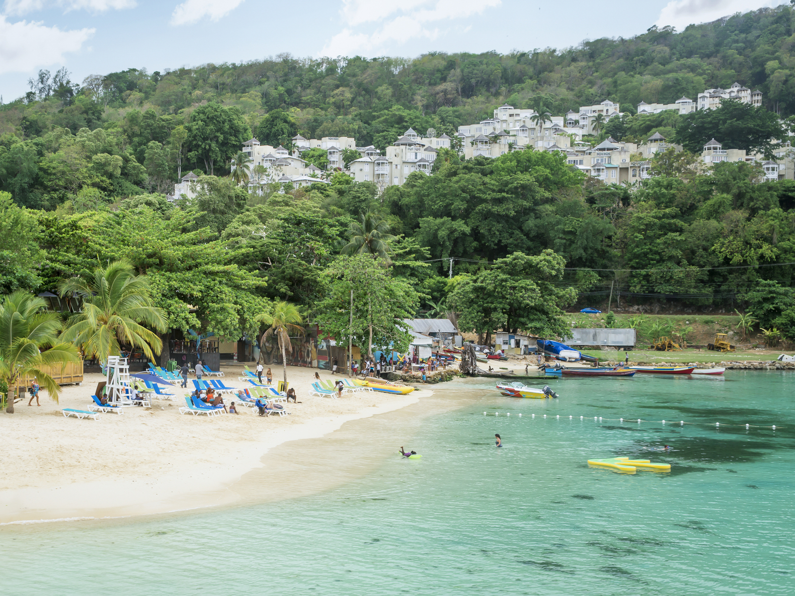 Ocho Rios Bay Beach, one of Jamaica's best beaches, seen with teal water on a clear day