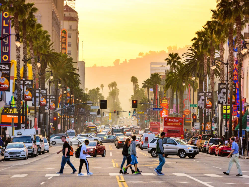 Los Angeles pictured down Hollywood Boulevard during dusk during the best time to visit California