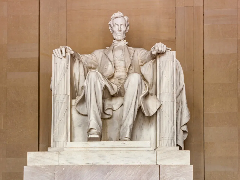 Statue of Abraham Lincoln at one of the best American landmarks, the Lincoln Monument, in Washington