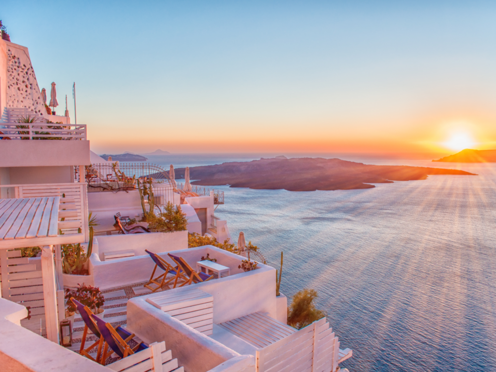 Romantic sunset landscape as seen from one of the best hotels in Santorini