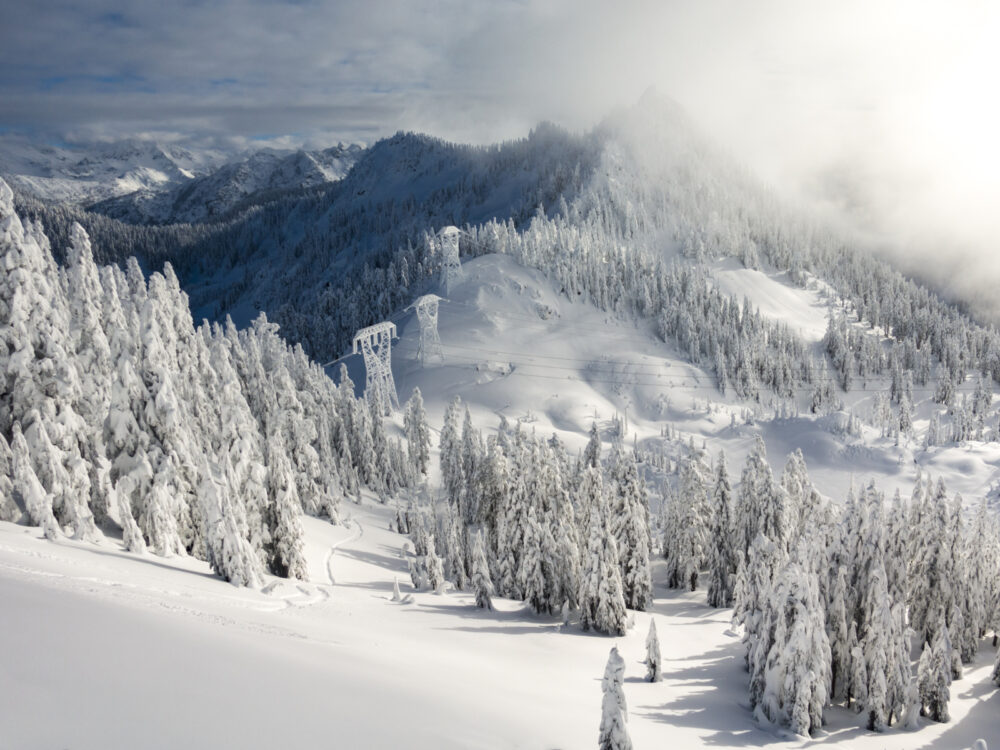 White pass ski area during winter as seen from the top of the slopes, one of the best places to visit in Washington State